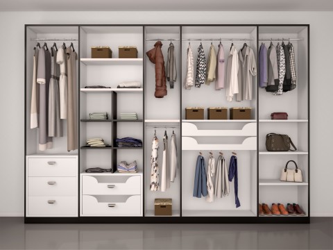 black and white wardrobe closet full of different things. 3d ill